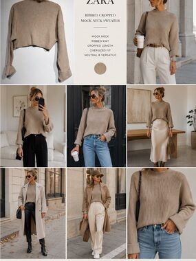 Zara Ribbed Cropped Mock Neck Sweater Beige Oatmeal Oversized Knit Size Large